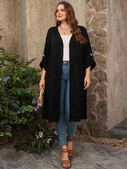 Rosumi Plus Size Women Black Color Roll Up Sleeve Casual Long Jacket Holiday Outfits Boho,Autumn,Fall Women's Clothes,Fall Clothes,Country Concert Clothing Outfits,Fall Women Clothes ,Spring