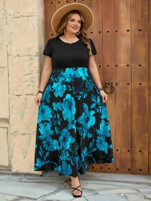 SHEIN CURVE+ Curve 尺码 US22 音乐节、海滨度假、波西米亚风夏季针织弹力修身印花 A 字连衣裙 波西米亚度假 - 黑色 - 查看 6