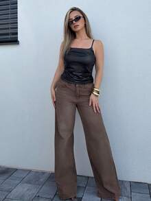 Jeta Ari 女士休闲时尚街头低腰宽松阔腿水洗牛仔裤 - 棕色 - 查看 1