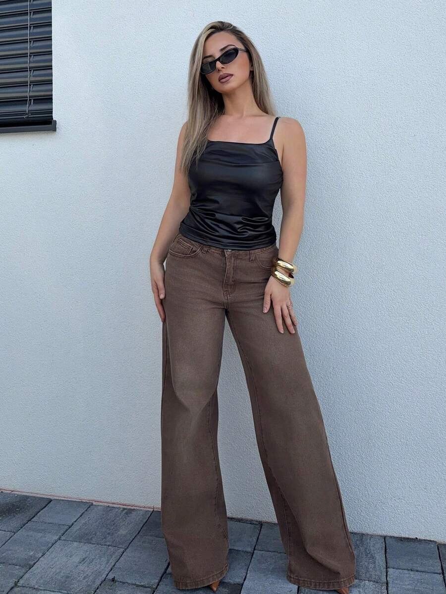 Jeta Ari 女士休闲时尚街头低腰宽松阔腿水洗牛仔裤 - 棕色 - 查看 1