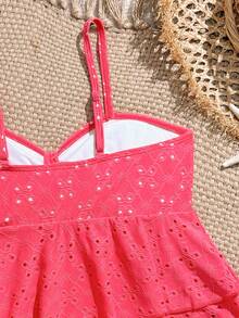 SHEIN 镂空纯色两件式泳衣，适合海滩、度假村和温泉穿着 - 玫紅色 - 查看 5