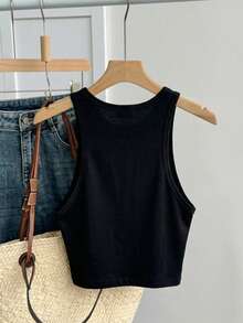 Tseoso Áo tank top nữ dáng ôm, cổ tròn, tối giản, thích hợp cho các buổi tiệc cocktail mùa hè. - màu đen - Xem 8