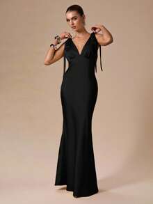 SHEIN BAE Sexy Minimalist Solid Color Cream Yellow Deep V-Neck Backless Bowknot Tie Dress, Suitable For Party, Cocktail, Formal Occasions, Bridesmaid, Birthday, Christmas, Business Casual,Summer Dresses For Women - Black - View 6