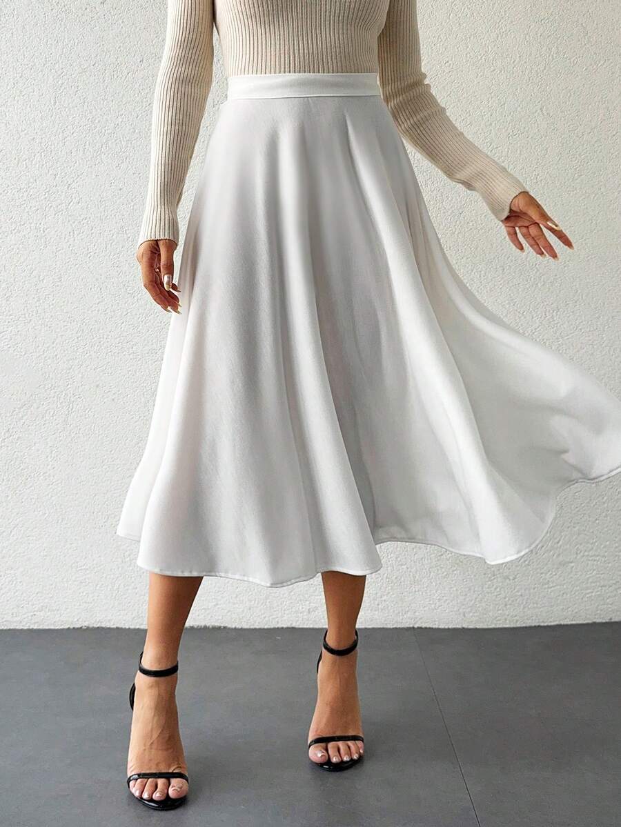 SHEIN Váy dài nữ cỡ nhỏ màu trắng trơn kiểu dáng thường ngày - trắng - Xem 1