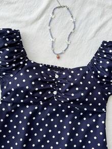 SHEIN Áo kiểu chấm bi buộc dây sau lưng, phong cách tối giản, thoải mái cho bé gái tuổi teen. - Màu xanh lam - Xem 3