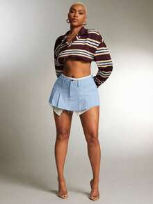 Denimoi Váy siêu ngắn xếp lớp giả áo sơ mi, váy gợi cảm thời trang. - Màu xanh nhạt - Xem 3