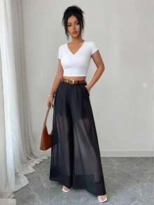 SHEIN Elenzya Quần ống rộng cạp cao bằng vải chiffon đen thời trang và thanh lịch dành cho nữ, có điểm nhấn là cúc cài, thích hợp mặc hàng ngày. - màu đen - Xem 6