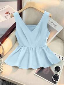 SHEIN Franclia 女士褶皱时尚工作通勤派对毕业日常修身吊带背心 - 淺藍色 - 查看 6