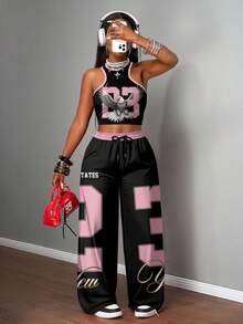 Slaydiva 2 piezas Conjunto de mujer de estilo casual de calle con camiseta ajustada y pantalones anchos de pierna ancha, adecuado para usar en la calle - Multicolor - Ver 2