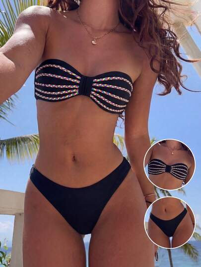 Swim Vcay 2026 Spring/Summer Black Bandeau Colorful Rope Design With Fuchsia Contrast Side High Cut Bikini Swimwear 2 Pieces Set, Sweet & Cool Style Suitable For Photo Shooting Sexy Swimwear Strapless Bikini Bikini Set Tie Bikini Colorful Braided Bikini Bow Bikini Strapless Bikini Set Beachwear Bandeau Bikini Set Push Up Swimwear