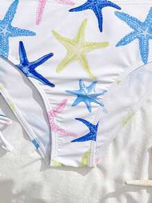 SHEIN 少女三件套比基尼，可爱针织海星海洋主题面料，时尚设计，款式端庄，适合海滩、游泳、度假和夏季穿着。 - 藍色 - 查看 5