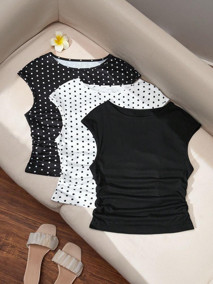 SHEIN 女款時尚垂領上衣,側腰抓皺設計,短版修身剪裁拉長身形,無袖夏季款,純黑色、白底黑波點、黑底白波點可選,百搭短褲與裙裝,適合日常穿著 - 黑與白 - 查看 1