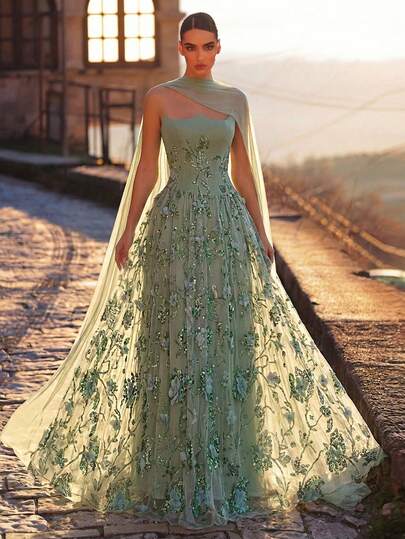 Glamrae Elegante y lujoso vestido de satén con escote halter, aplicaciones de encaje 3D con flores, cuentas y lentejuelas, adecuado para bodas, fiestas, bailes de graduación y vacaciones