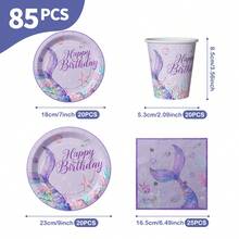 紫色美人鱼尾巴生日快乐一次性餐盘、餐巾纸和杯子套装，可供20位客人使用。这款一次性派对用品套装（包括餐盘、餐巾纸和杯子）非常适合生日派对、婚礼和家庭野餐。 - 查看 2