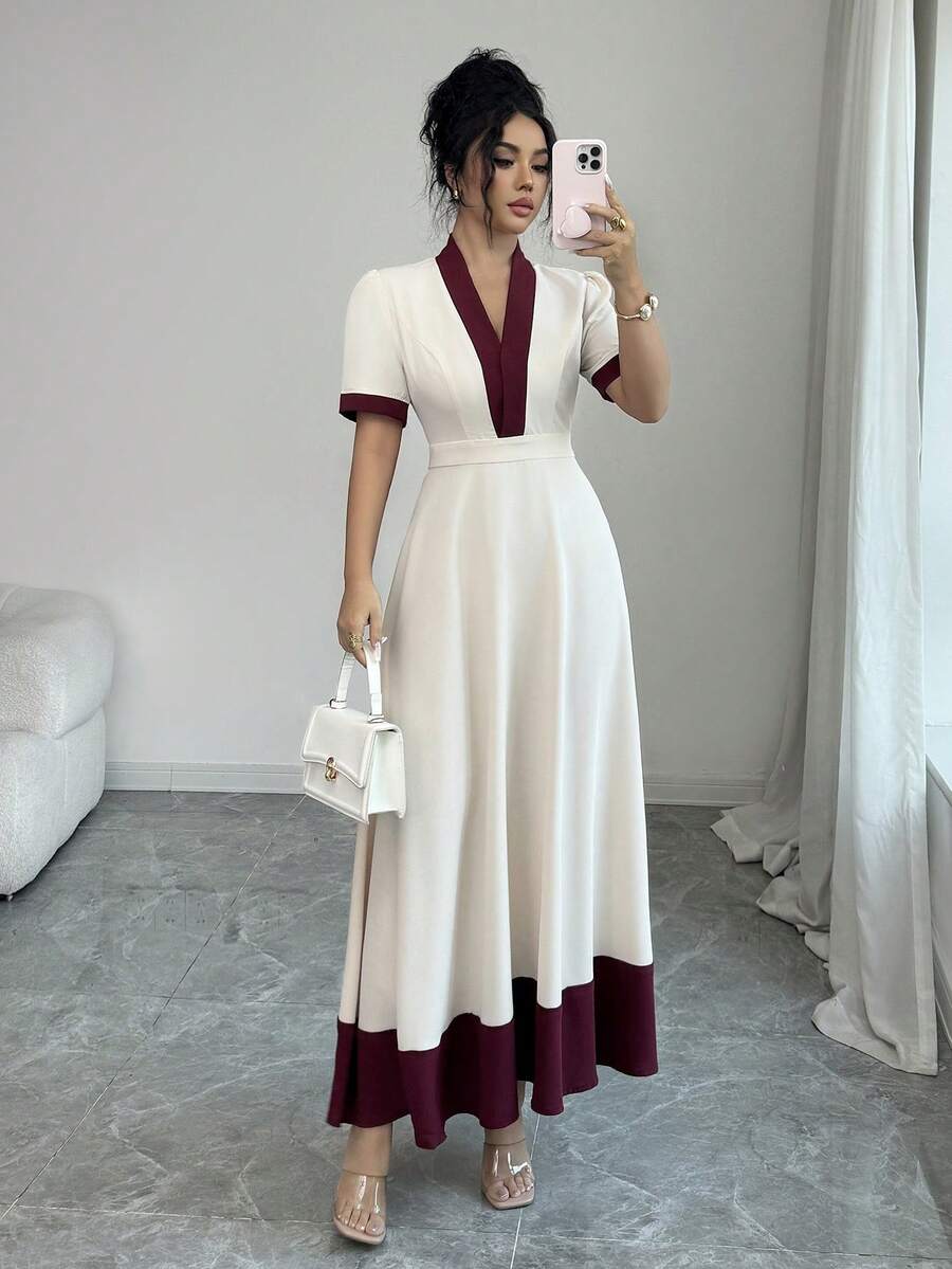 SHEIN Raffinéa Đầm nữ màu be phối nhiều mảng màu, đầm cổ chữ V phối màu kiểu Pháp thanh lịch, đầm cổ chữ V phối màu công sở thanh lịch, đầm phối màu đỏ tía thanh lịch công sở - Màu be - Xem 1