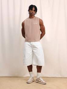 SUMWON Men's Sleeveless Tank Top With Crew Neck Solid Beige Basic Casual Summer Tee - Khaki - View 3