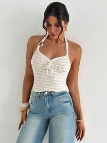 Firerie Women's Halter Neck Hollow Out Knit Top, Summer - Apricot - View 5