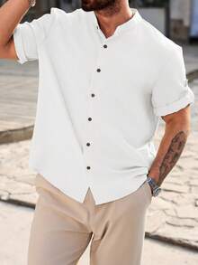 Manfinity Homme Camisa casual de manga corta de un solo pecho con bolsillo de unicolor para hombres de talla grande - Blanco - Ver 3