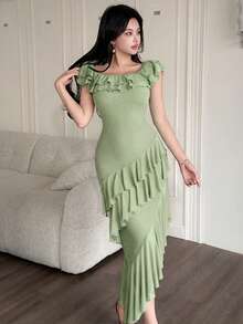 Feyla Casual Ruffled Hem Long Dress For Women - Green - View 5