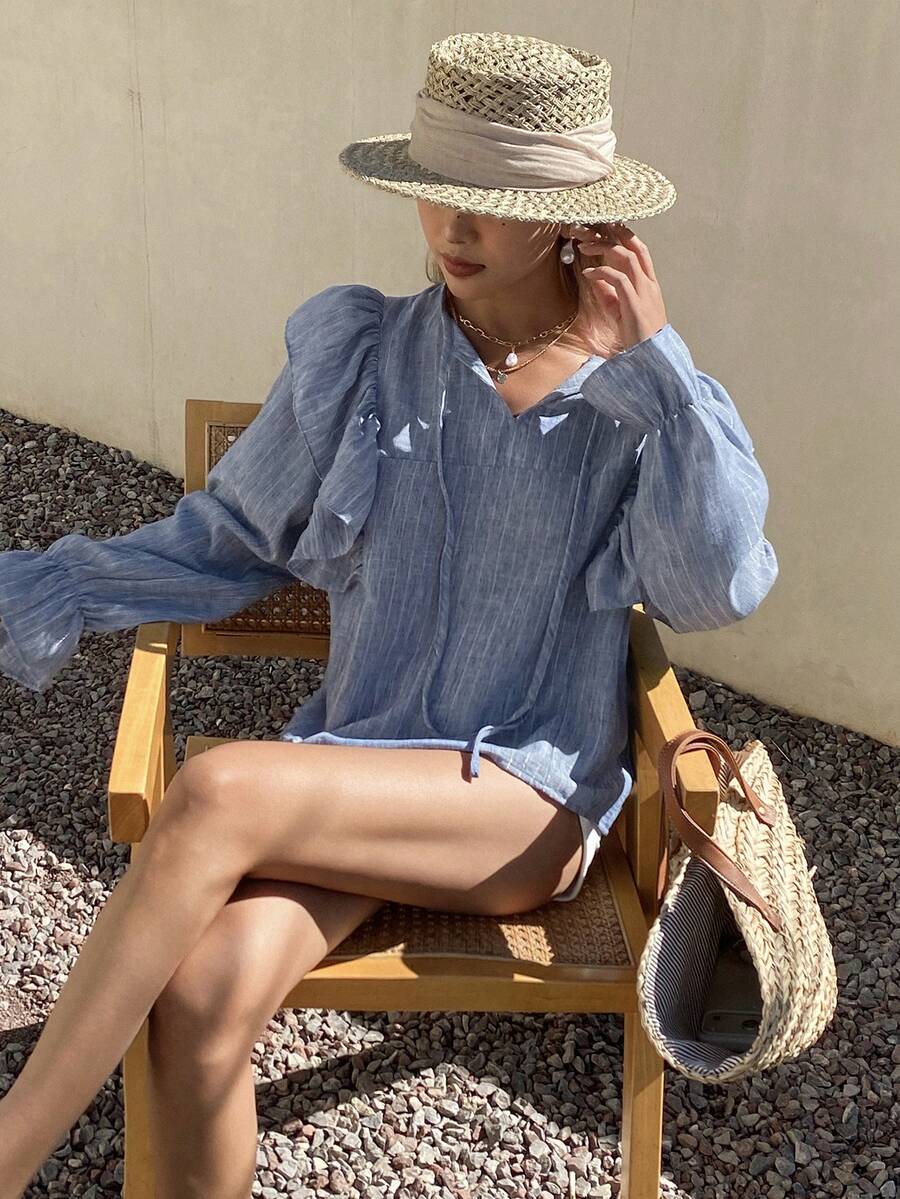 Livesso Áo sơ mi nữ dáng rộng, thắt nơ phía trước, viền bèo nhún, thích hợp cho mùa xuân và kỳ nghỉ. - Màu xanh lam - Xem 1