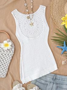 Travachic 2026 Spring/Summer New Arrival, Women's Vacation Casual Sleeveless Hollow-Out Asymmetric Knit Vest Top - White - View 2