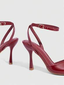 CUCCOO SZL Sandal Wanita Ujung Lancip Hak Stiletto Warna Burgundy dengan Tali Pergelangan Kaki Terbuka, Sepatu Pesta Seksi Minimalis untuk Beraktivitas di Luar Ruangan, Sepatu Musim Semi - Burgundy - View 6