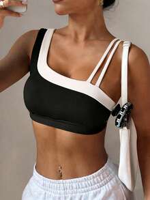 Dewbera Dewbera 1pc Women Sports Bra With Contrast Color Splicing Neckline, Removable Padded Straps, Suitable For Daily Casual Wear, Running, Yoga, Gym, Tennis, Golf - Multicolor - View 2