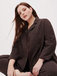 LUVLETTE Plus Size Soft Brushed Cotton Basic PJ Set Women's Lounge Set Cotton Pajamas - Coffee Brown - View 3