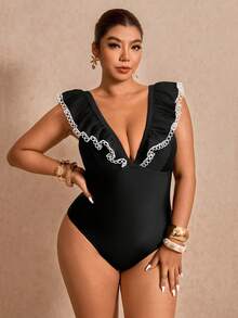 Elaquor Plus Size Ruffled One-Piece Swimsuit For Beach & Resort Plus Size Bathing Suits Women - Black - View 4