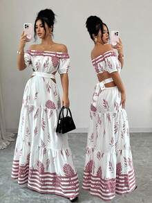 SHEIN Elenzya Đầm nghỉ mát thanh lịch dành cho nữ với họa tiết in. - Màu be - Xem 6