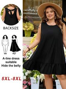 SHEIN CURVE+ Curve 尺码 US22 音乐节、海滨度假、波西米亚风女士露背圆领纯色荷叶边下摆无袖复古夏季休闲连衣裙，黑色 - 黑色 - 查看 7