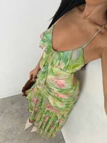 SHEIN Glamour Women's Green Floral Summer Tropical Slip Dress,Watercolor Ruched Spaghetti Strap Scoop Neck Ruffle Trim Vacation Holiday Brunch Long Dress - Multicolor - View 1
