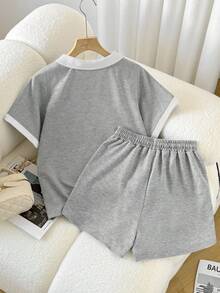 INAWLY 2 件女式撞色边刺绣短袖上衣和抽绳腰短裤套装 - 灰色 - 查看 2