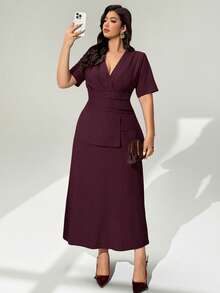 Auralis Dark Purple Summer Elegant Casual Traditional Plus Size Mermaid Wrap-Around Slim Waist Dress Wedding Guest Office Pleated Flared Hem Short Sleeve - Burgundy - View 3