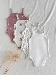 4-Piece Cute Baby Girl Casual Simple Knitted Solid Color Camisole With Open Crotch-Perfect For Spring And Summer Floral Clothes Bodysuits - Multicolor - View 2