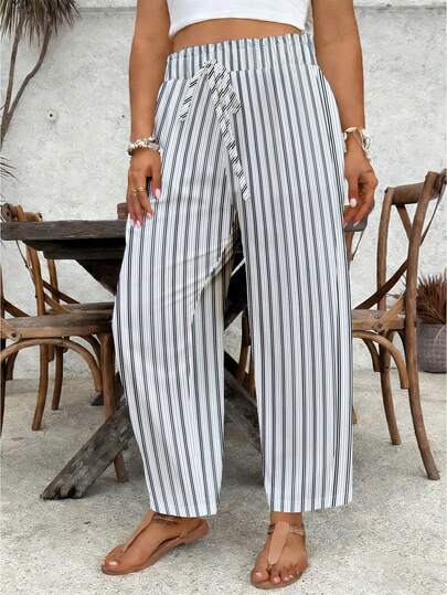 SHEIN VCAY 大码女士度假优雅抽绳腰荷叶边条纹印花裤