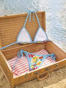 Elavelle 2pcs/Set Women's Leopard Print Spaghetti Strap And Side Tie Sexy Bikini Set, Summer - Multicolor - View 2