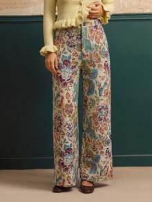 lacRébo Quần ống rộng cạp cao họa tiết hoa jacquard kiểu cổ điển, thích hợp cho mùa thu đông. - Nhiều màu - Xem 1