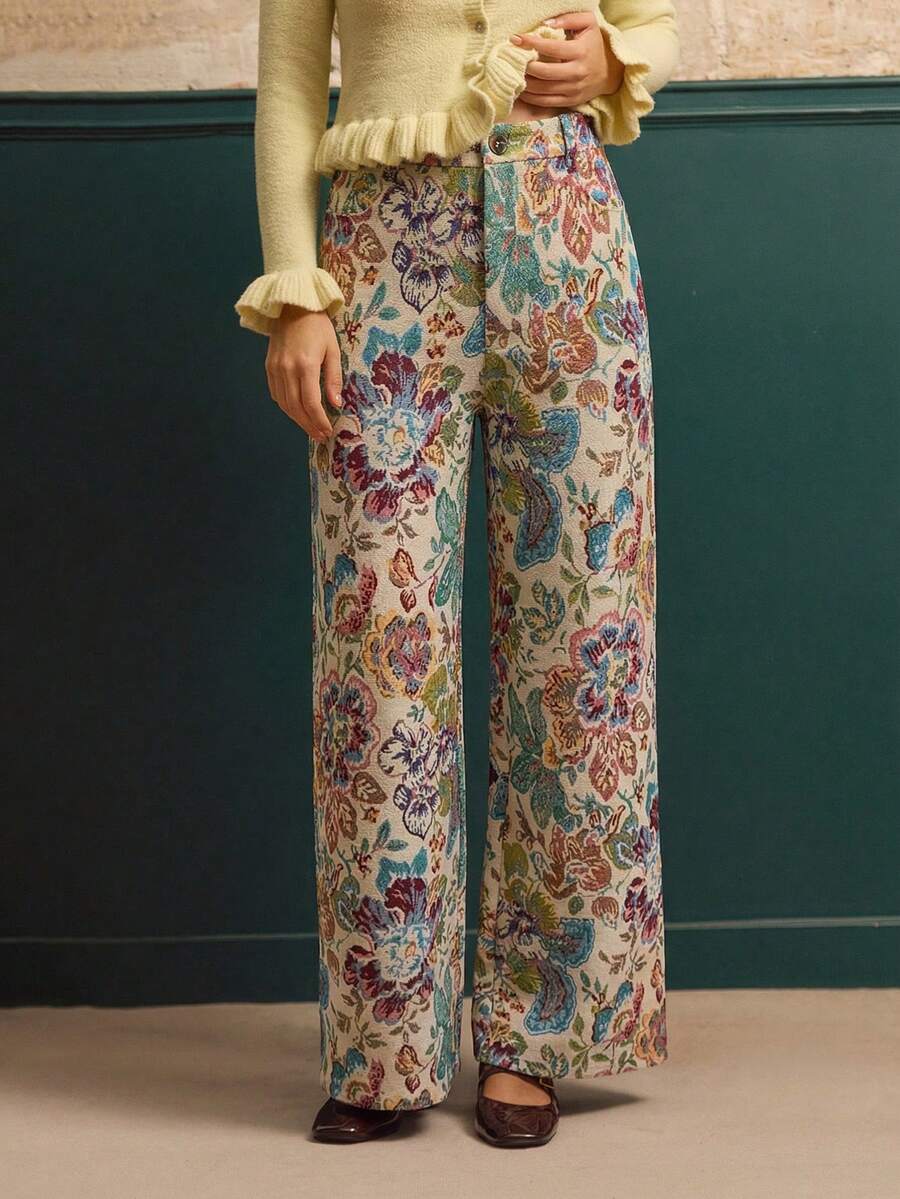 lacRébo Quần ống rộng cạp cao họa tiết hoa jacquard kiểu cổ điển, thích hợp cho mùa thu đông. - Nhiều màu - Xem 1