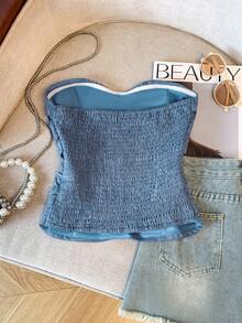 GlowEve Top de camisola elegante con decoración de botones y pliegues con efecto de mezclilla para mujeres - Azul - View 2