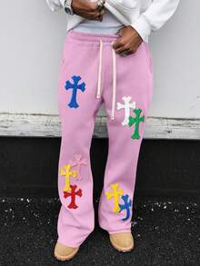 PAVTROS Men's Drawstring Waist Cross Embroidery Casual Sweatpants - Pink - View 5