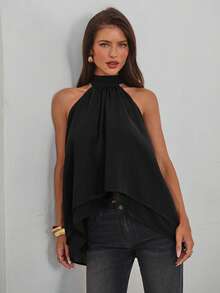 Aloruh 女士优雅高领系带无袖雪纺纯色衬衫 - 黑色 - 查看 6