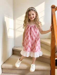 SHEIN Elladie kids 女童梭织网纱刺绣百合花缎面荷叶边吊带连衣裙，适合夏季日常穿着、外出、旅行、度假和聚会。 - 粉色 - 查看 3