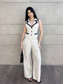 Hitanina 女士优雅通勤撞色边背心和裤子套装 F、所有女士服装、返校装、女士教师服装、优雅婚礼宾客礼服、女士商务休闲装、优雅婚礼宾客礼服、复古风格女士、女士纽扣衬衫、秋冬 - 杏色 - 查看 5