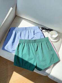 Comfortcana 2 chiếc quần short dệt phối màu tương phản dành cho nữ, mùa hè - Màu xanh nhạt - Xem 2