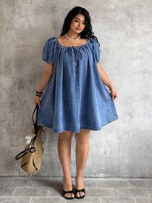 Sunnyshic Plus Size Women Summer Casual Loose Denim Dress - Medium Wash - View 5