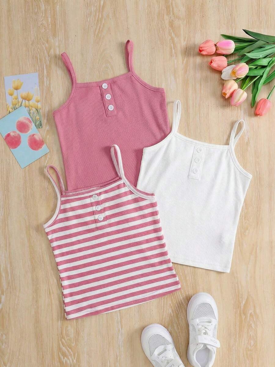 SHEIN 3件套少女休闲吊带背心,百搭日常穿搭,适合夏季 - 彩色 - 查看 1