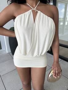 Alexandranx Vestido de fiesta romántico y sexy de malla rosa con escote trasero y cuello halter mini para el Día de San Valentín - Albaricoque - Ver 6