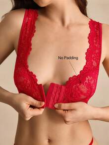 1pc Red Lace Front Closure Wireless Bra For Women - Red - View 6