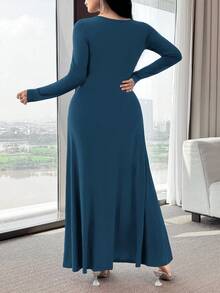 Modelyn 女士优雅金属装饰中长连衣裙，秋季 - 水鴨藍 - 查看 2